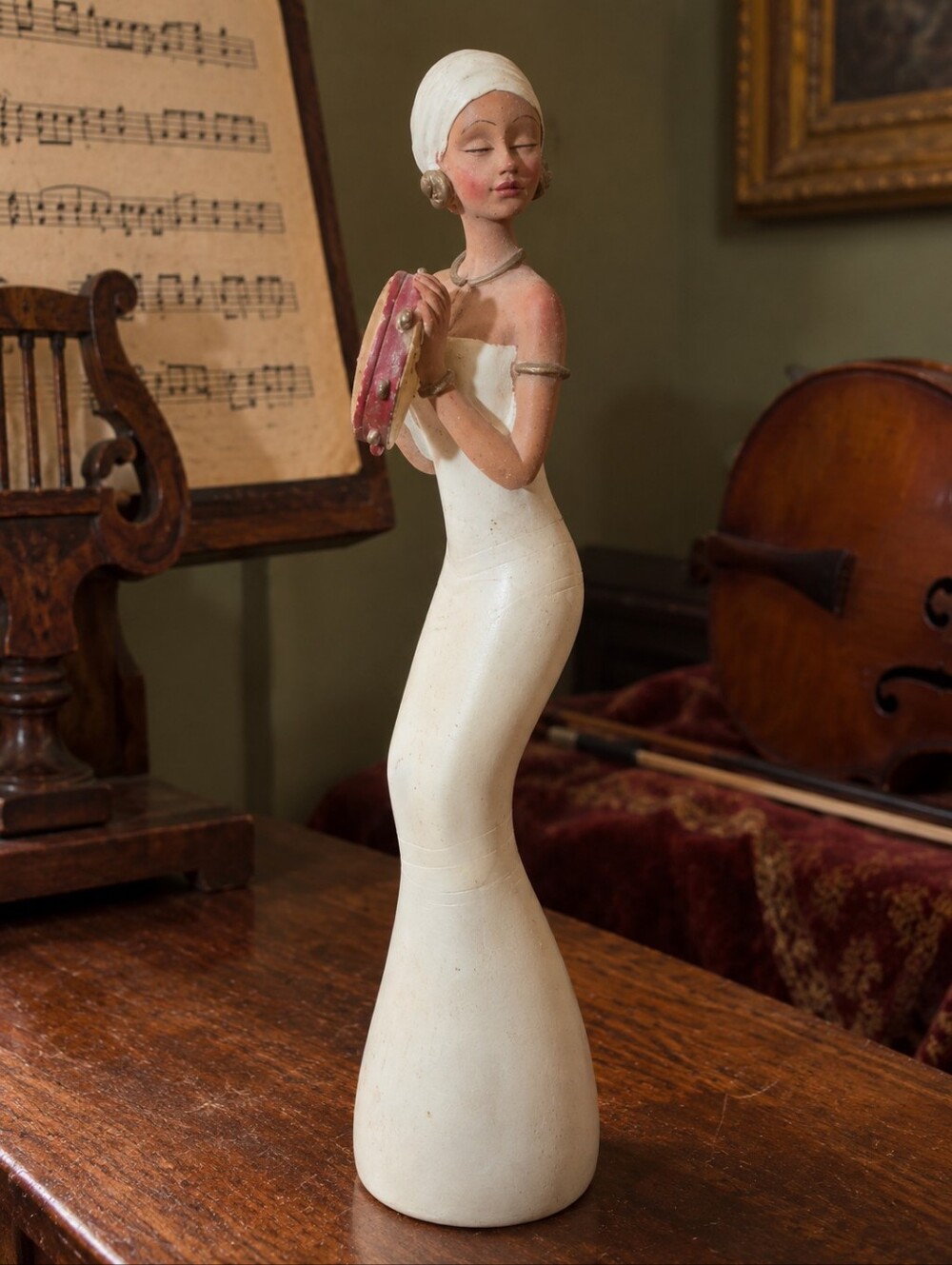 Keepin’ the Beat Art Deco Style Lady Tambourine Figurine 8" Elegant Music Decor